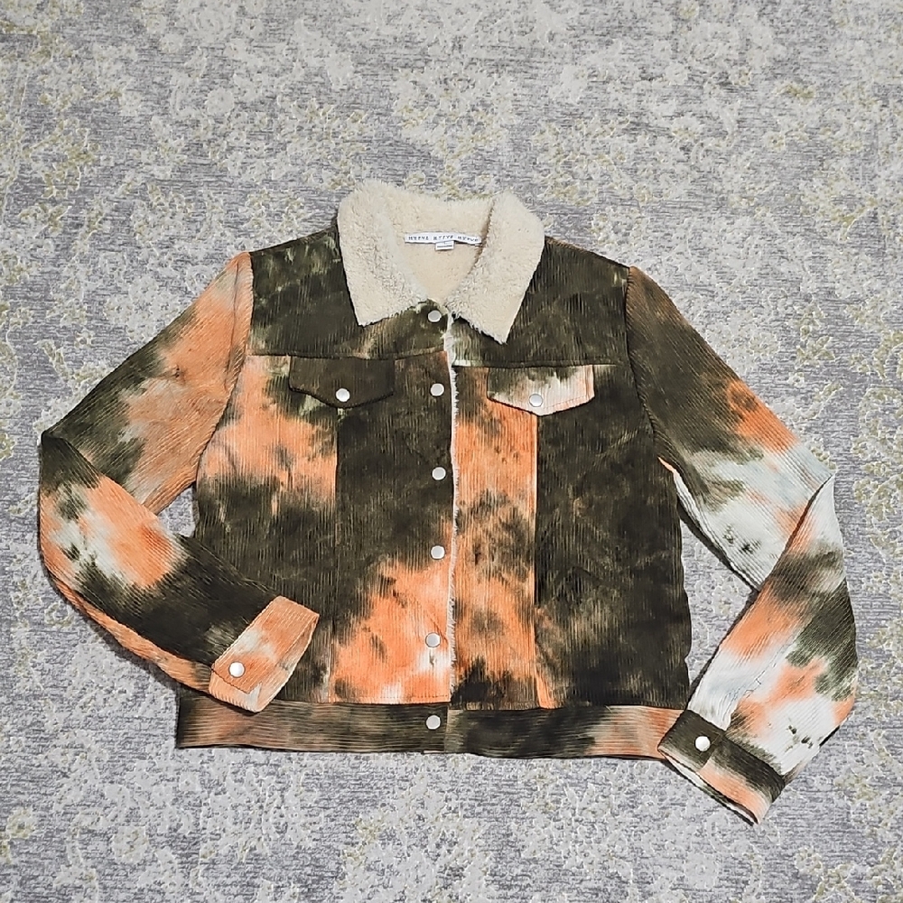 Hyfve Corduroy Sherpa Tie Dye Jacket Large Button Up Coat Faux Fur